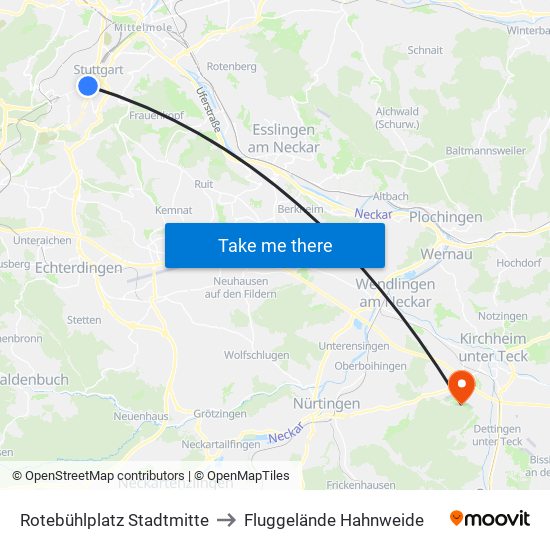 Rotebühlplatz Stadtmitte to Fluggelände Hahnweide map