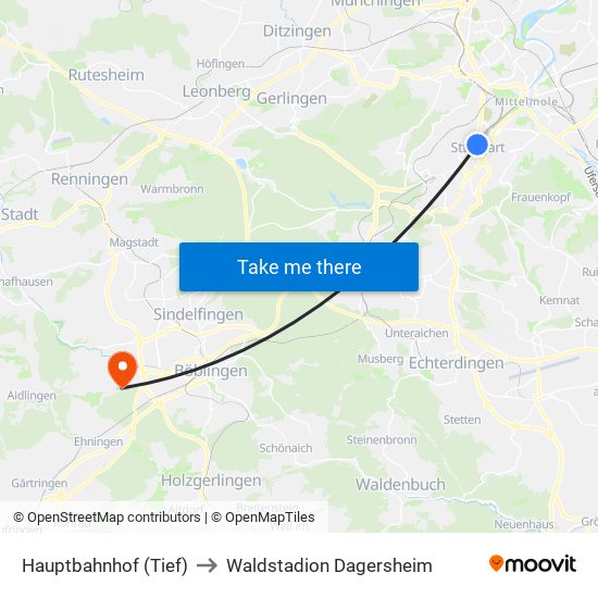 Hauptbahnhof (Tief) to Waldstadion Dagersheim map