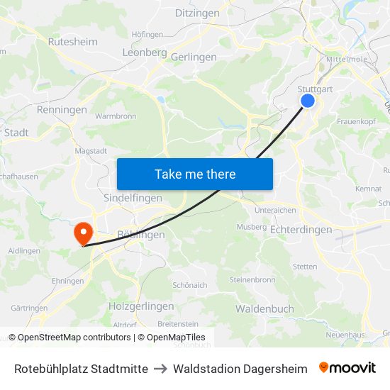 Rotebühlplatz Stadtmitte to Waldstadion Dagersheim map