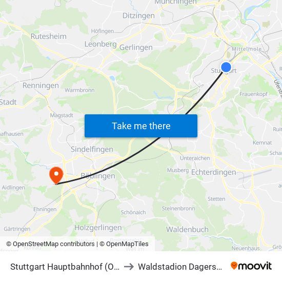 Stuttgart Hauptbahnhof (Oben) to Waldstadion Dagersheim map