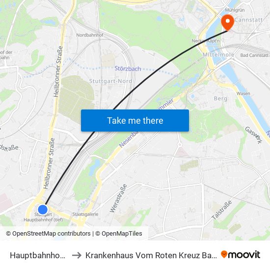 Hauptbahnhof (Tief) to Krankenhaus Vom Roten Kreuz Bad Cannstatt map