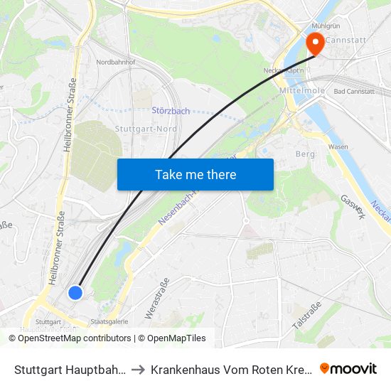 Stuttgart Hauptbahnhof (Oben) to Krankenhaus Vom Roten Kreuz Bad Cannstatt map