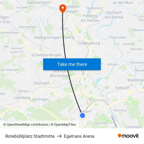 Rotebühlplatz Stadtmitte to Egetrans Arena map