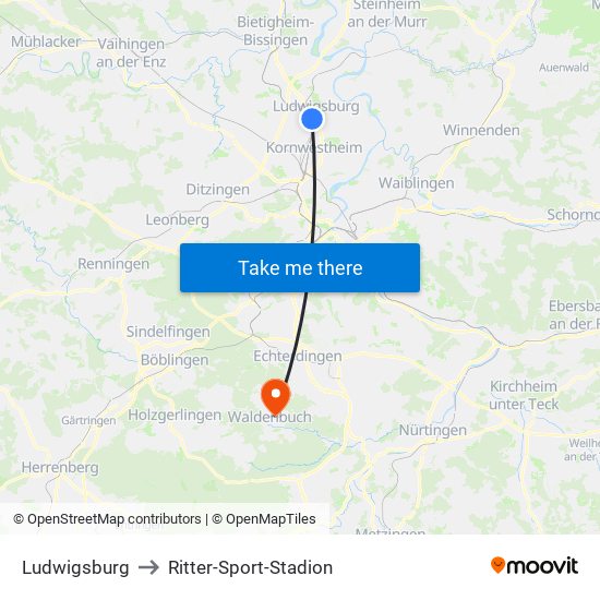 Ludwigsburg to Ritter-Sport-Stadion map