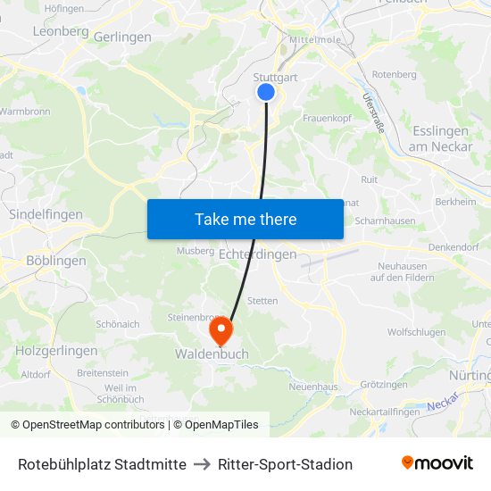 Rotebühlplatz Stadtmitte to Ritter-Sport-Stadion map