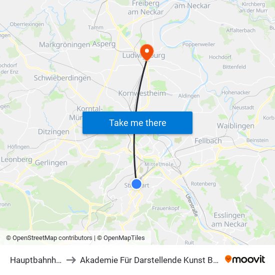 Hauptbahnhof (Tief) to Akademie Für Darstellende Kunst Baden-Württemberg map