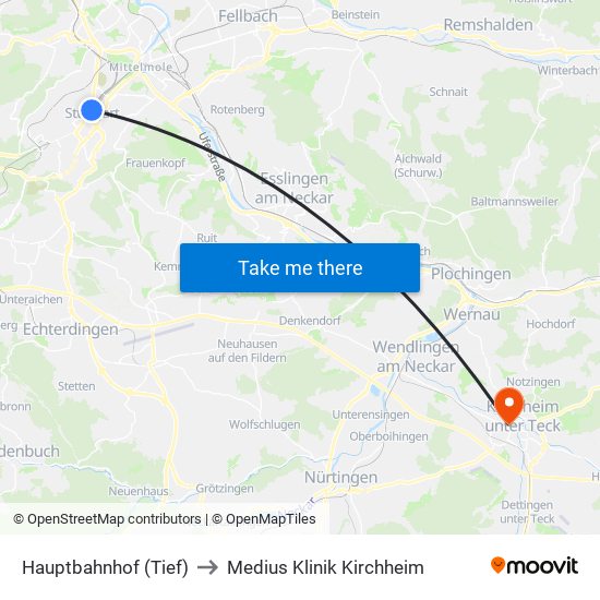 Hauptbahnhof (Tief) to Medius Klinik Kirchheim map