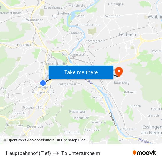 Hauptbahnhof (Tief) to Tb Untertürkheim map