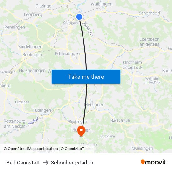 Bad Cannstatt to Schönbergstadion map