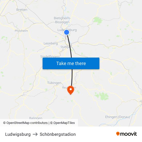 Ludwigsburg to Schönbergstadion map