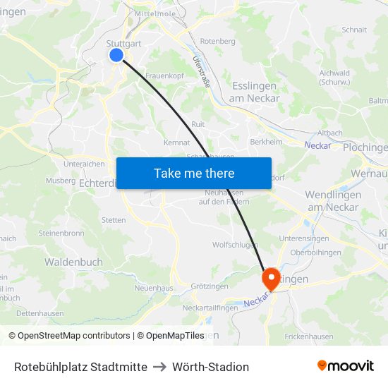 Rotebühlplatz Stadtmitte to Wörth-Stadion map