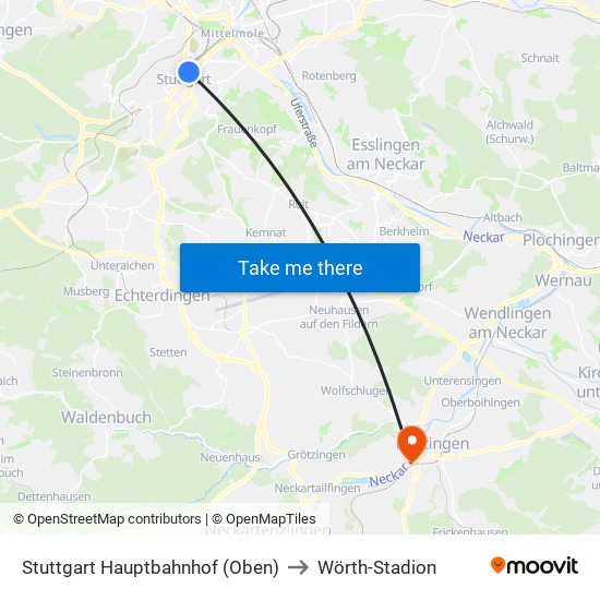 Stuttgart Hauptbahnhof (Oben) to Wörth-Stadion map