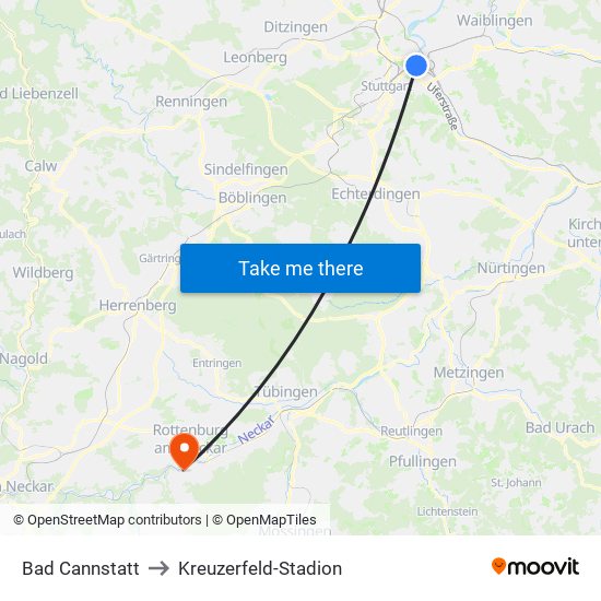 Bad Cannstatt to Kreuzerfeld-Stadion map