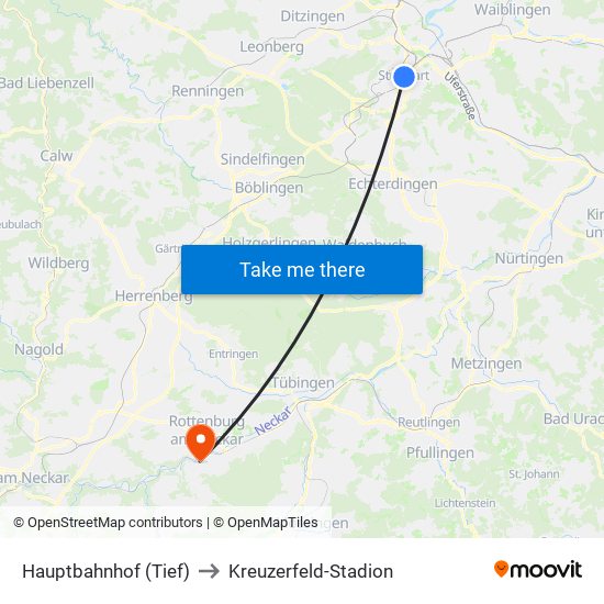 Hauptbahnhof (Tief) to Kreuzerfeld-Stadion map