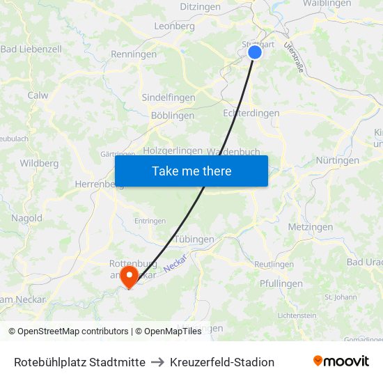 Rotebühlplatz Stadtmitte to Kreuzerfeld-Stadion map