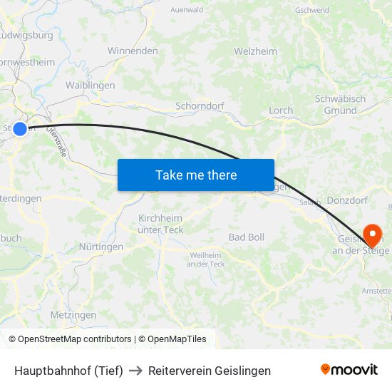 Hauptbahnhof (Tief) to Reiterverein Geislingen map