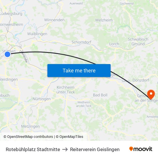 Rotebühlplatz Stadtmitte to Reiterverein Geislingen map