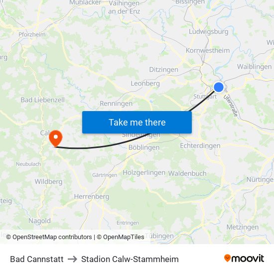 Bad Cannstatt to Stadion Calw-Stammheim map