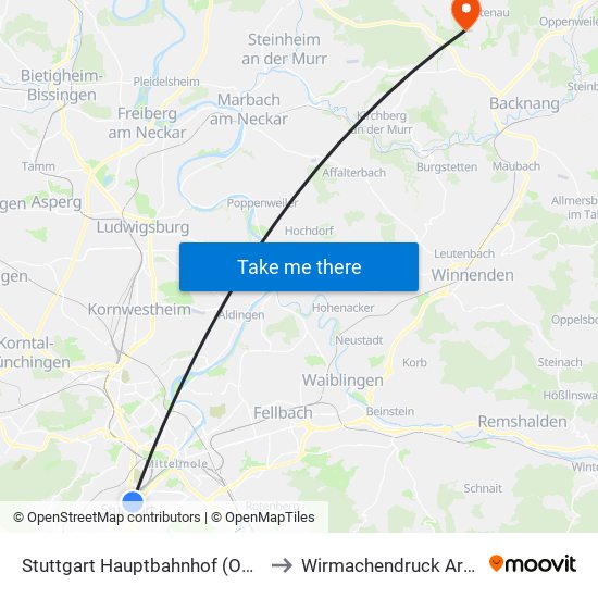 Stuttgart Hauptbahnhof (Oben) to Wirmachendruck Arena map