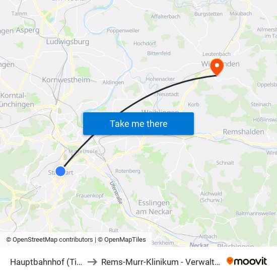 Hauptbahnhof (Tief) to Rems-Murr-Klinikum - Verwaltung map