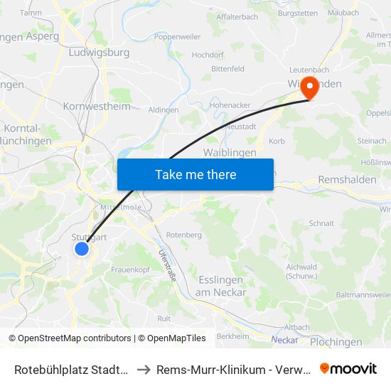 Rotebühlplatz Stadtmitte to Rems-Murr-Klinikum - Verwaltung map