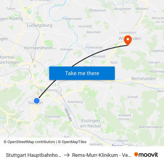 Stuttgart Hauptbahnhof (Oben) to Rems-Murr-Klinikum - Verwaltung map