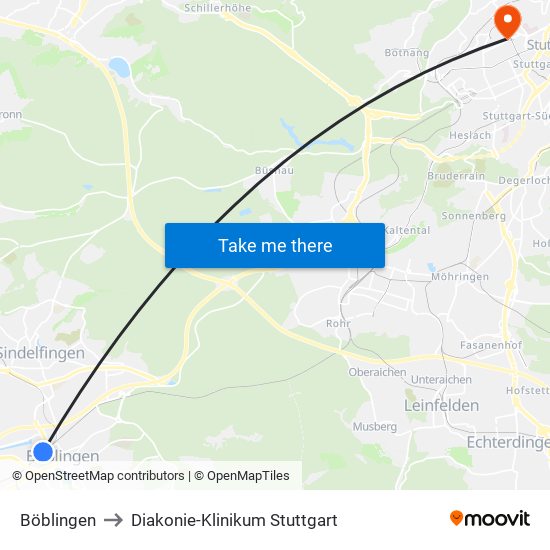 Böblingen to Diakonie-Klinikum Stuttgart map