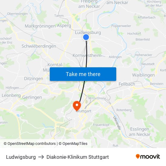 Ludwigsburg to Diakonie-Klinikum Stuttgart map