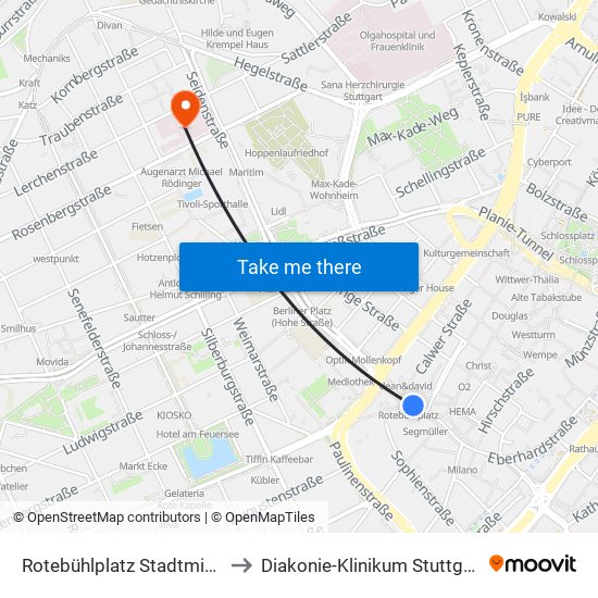 Rotebühlplatz Stadtmitte to Diakonie-Klinikum Stuttgart map