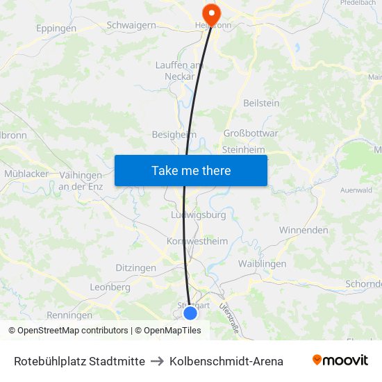 Rotebühlplatz Stadtmitte to Kolbenschmidt-Arena map