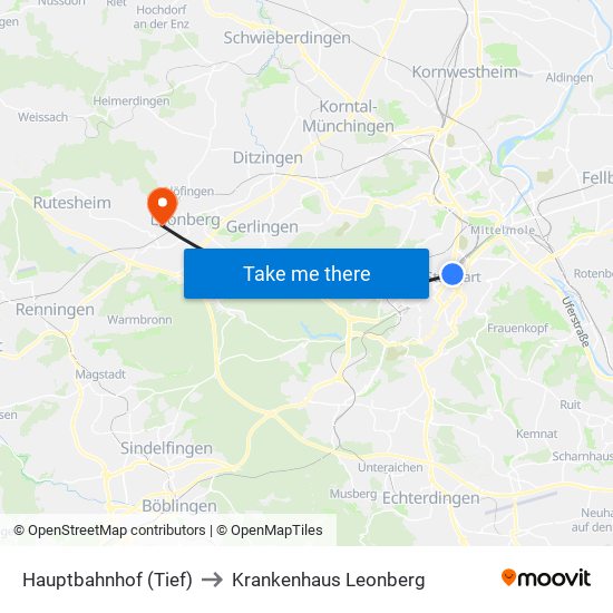 Hauptbahnhof (Tief) to Krankenhaus Leonberg map