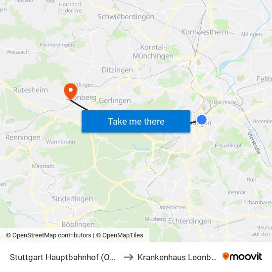 Stuttgart Hauptbahnhof (Oben) to Krankenhaus Leonberg map