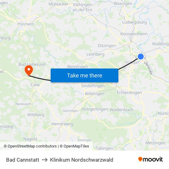 Bad Cannstatt to Klinikum Nordschwarzwald map