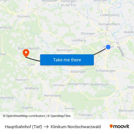 Hauptbahnhof (Tief) to Klinikum Nordschwarzwald map
