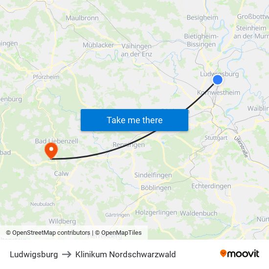 Ludwigsburg to Klinikum Nordschwarzwald map