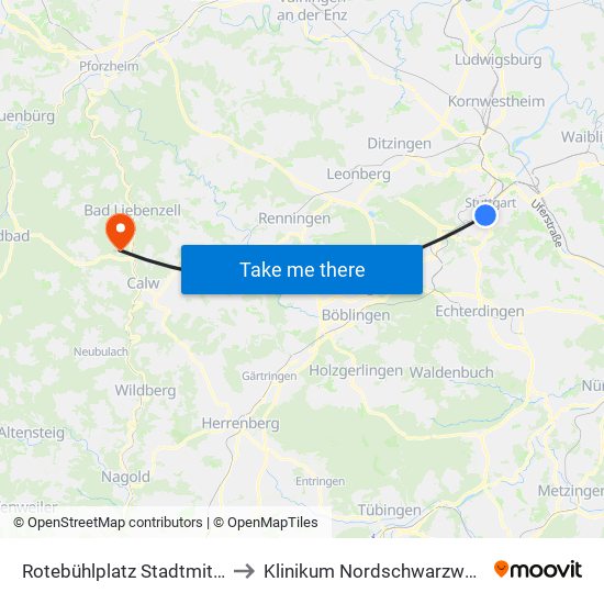 Rotebühlplatz Stadtmitte to Klinikum Nordschwarzwald map