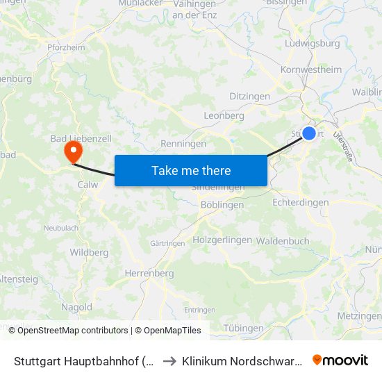 Stuttgart Hauptbahnhof (Oben) to Klinikum Nordschwarzwald map