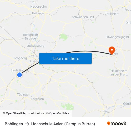 Böblingen to Hochschule Aalen (Campus Burren) map