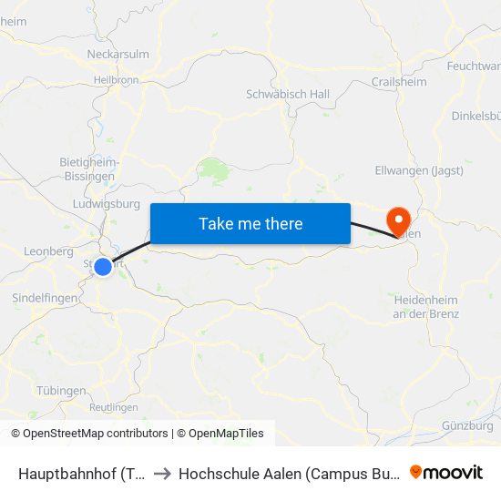 Hauptbahnhof (Tief) to Hochschule Aalen (Campus Burren) map