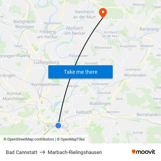 Bad Cannstatt to Marbach-Rielingshausen map