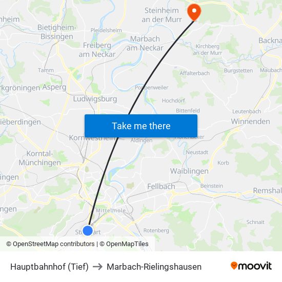 Hauptbahnhof (Tief) to Marbach-Rielingshausen map