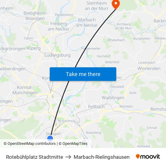 Rotebühlplatz Stadtmitte to Marbach-Rielingshausen map