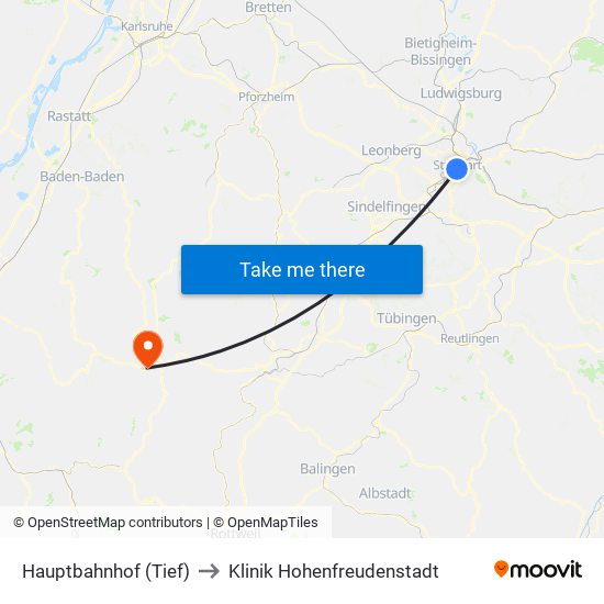 Hauptbahnhof (Tief) to Klinik Hohenfreudenstadt map