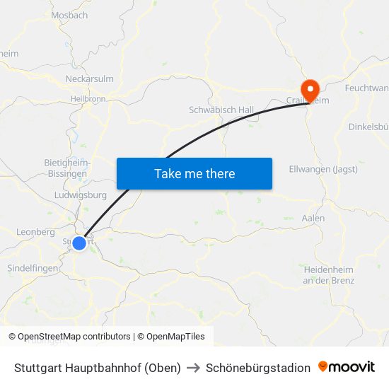 Stuttgart Hauptbahnhof (Oben) to Schönebürgstadion map