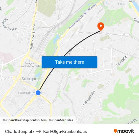 Charlottenplatz to Karl-Olga-Krankenhaus map