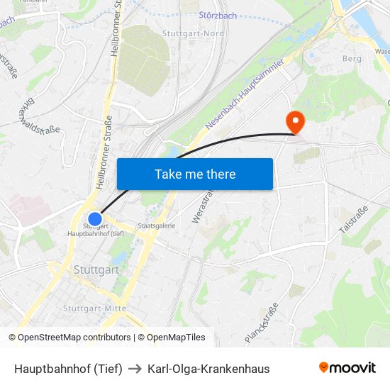 Hauptbahnhof (Tief) to Karl-Olga-Krankenhaus map