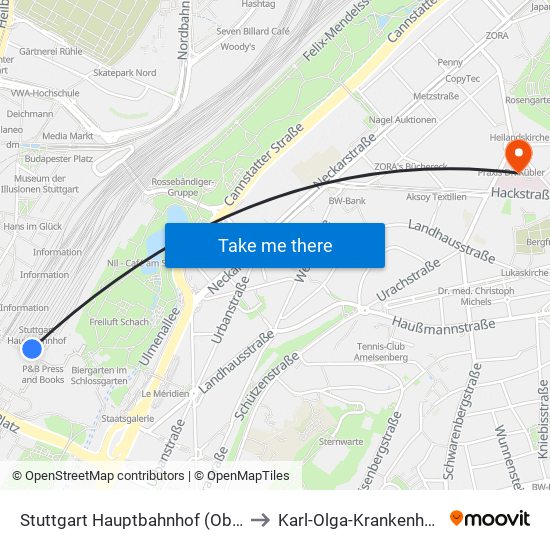 Stuttgart Hauptbahnhof (Oben) to Karl-Olga-Krankenhaus map