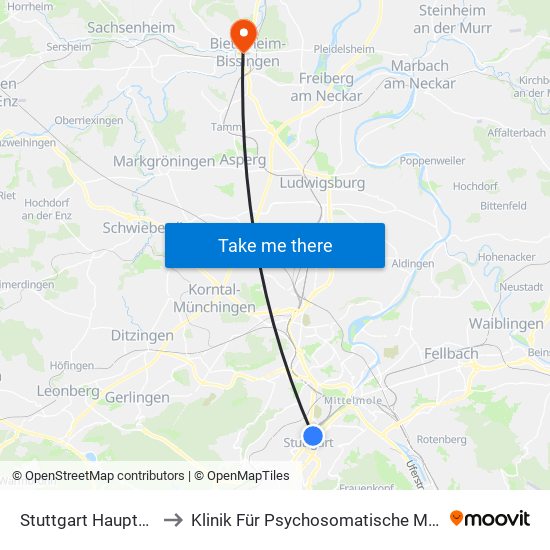 Stuttgart Hauptbahnhof (Oben) to Klinik Für Psychosomatische Medizin Und Psychotherapie map