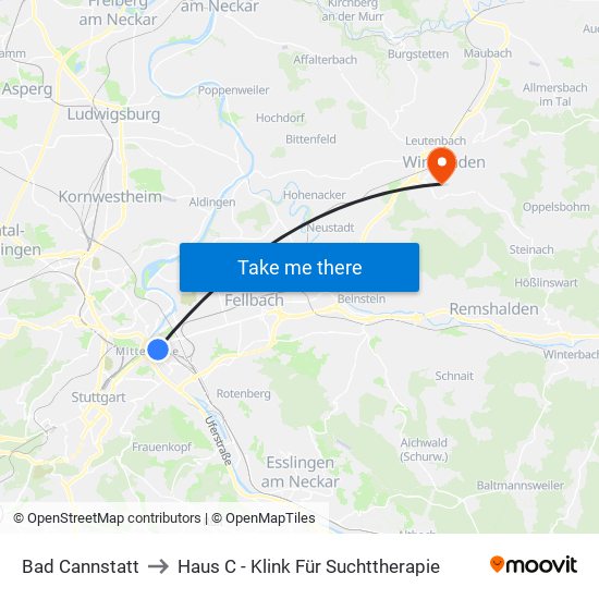 Bad Cannstatt to Haus C - Klink Für Suchttherapie map