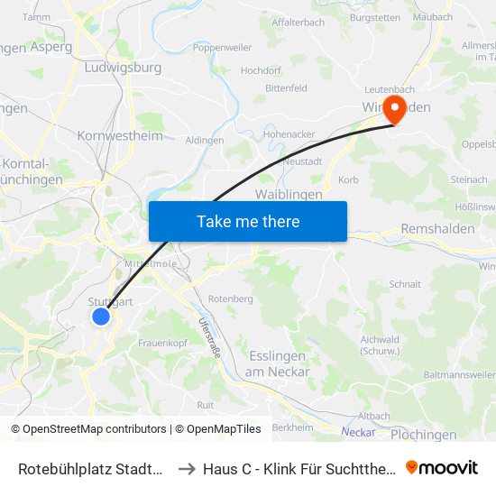 Rotebühlplatz Stadtmitte to Haus C - Klink Für Suchttherapie map